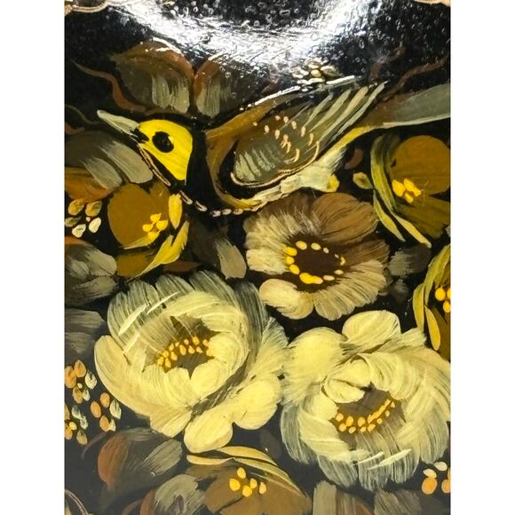 Russian Hand Painted Lacquer Brooch Pin Signed Floral Bird Triangle 2006 - Picture 3 of 7